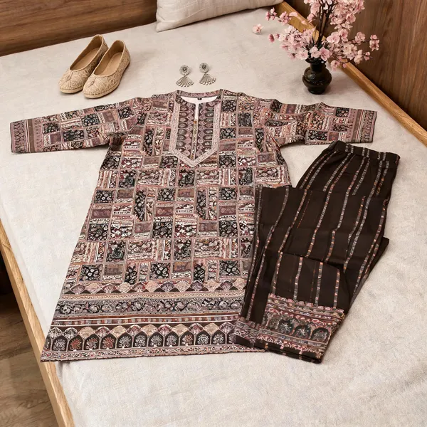 Brown_Masleen_Printed_Straight_Kurta_Set_For_Women