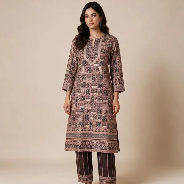 Brown_Masleen_Printed_Straight_Kurta_Set_For_Women