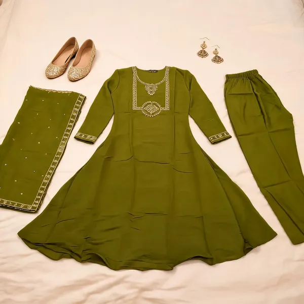 Olive_Green_Mul_Cotton_Flared_Anarkali_Suit_Set_For_Women