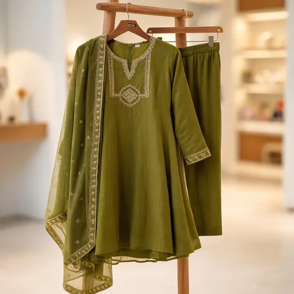 Olive_Green_Mul_Cotton_Flared_Anarkali_Suit_Set_For_Women