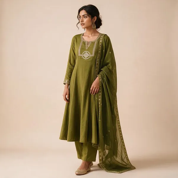Olive_Green_Mul_Cotton_Flared_Anarkali_Suit_Set_For_Women