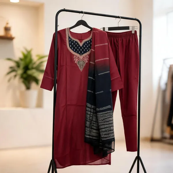 Maroon_Silk_Embroidered_Straight_Kurta_Set_For_Women