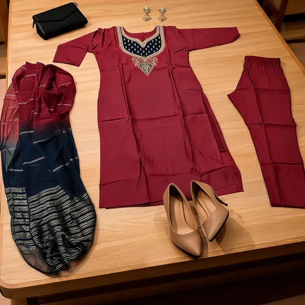 Maroon_Silk_Embroidered_Straight_Kurta_Set_For_Women