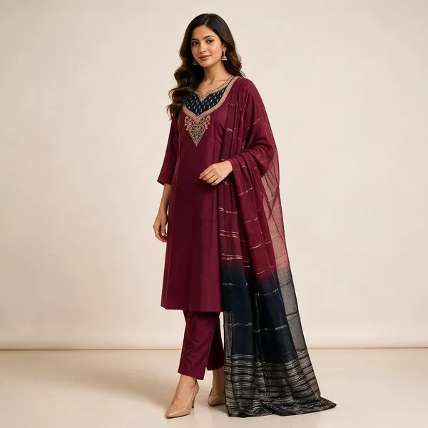 Maroon_Silk_Embroidered_Straight_Kurta_Set_For_Women