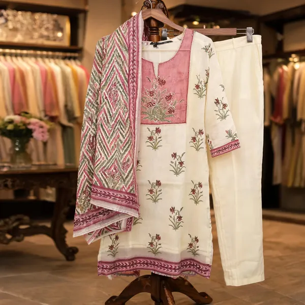 Cream_Kota_Doria_Floral_Print_Straight_Kurta_Set_For_Women