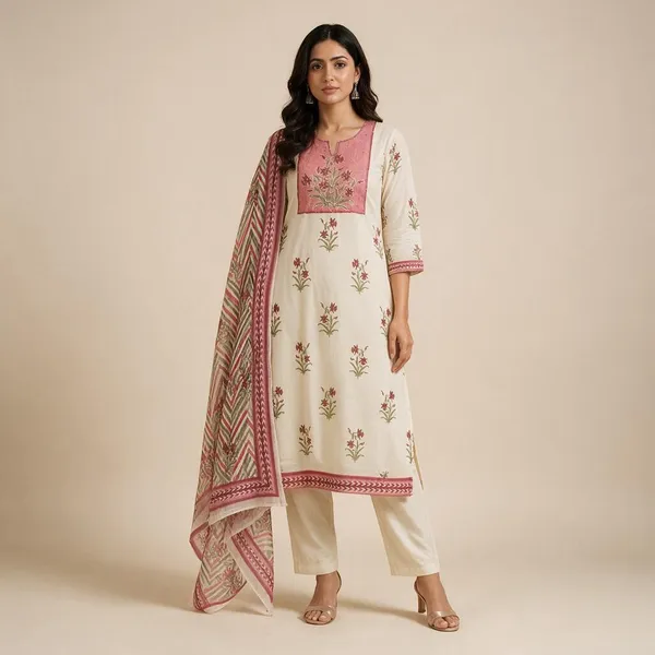 Cream_Kota_Doria_Floral_Print_Straight_Kurta_Set_For_Women