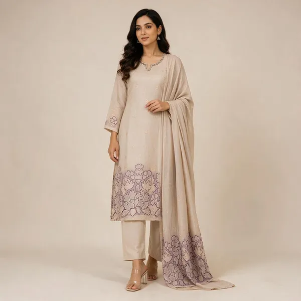 Beige_Kota_Doria_Floral_Embroidered_Straight_Kurta_Set_For_Women