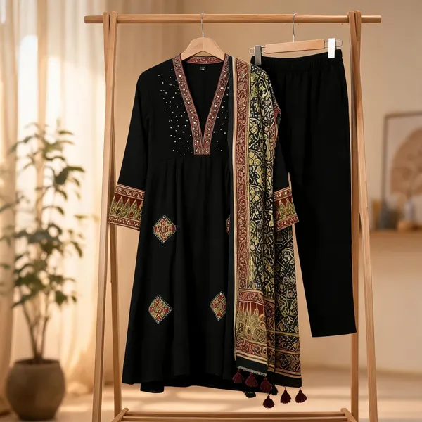 Black_Cotton_Flared_Anarkali_Suit_Set_For_Women