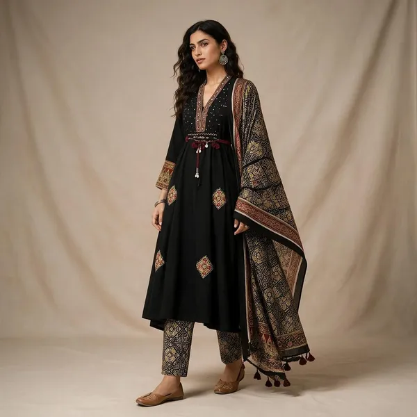 Black_Cotton_Flared_Anarkali_Suit_Set_For_Women