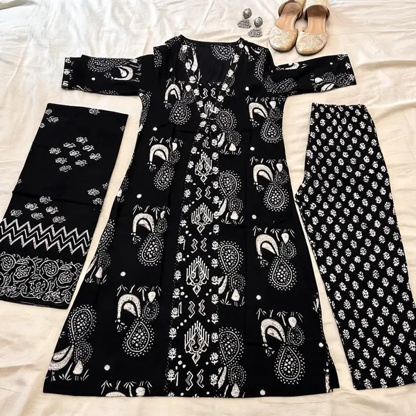 Black_Cotton_Printed_Straight_Kurta_Pant_Dupatta_Set_For_Women
