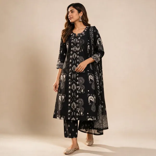 Black_Cotton_Printed_Straight_Kurta_Pant_Dupatta_Set_For_Women