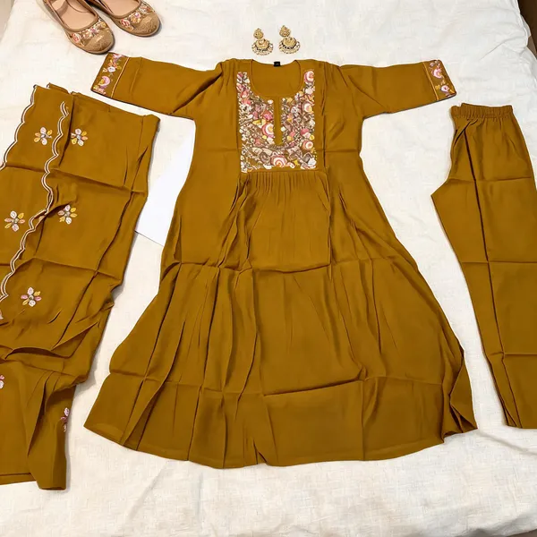 Mustard_Mul_Cotton_Flared_Embroidered_Anarkali_Kurta_Set_For_Women