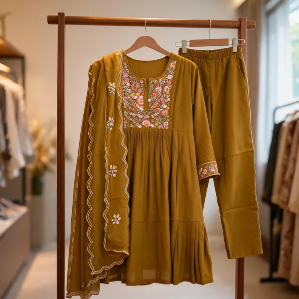 Mustard_Mul_Cotton_Flared_Embroidered_Anarkali_Kurta_Set_For_Women