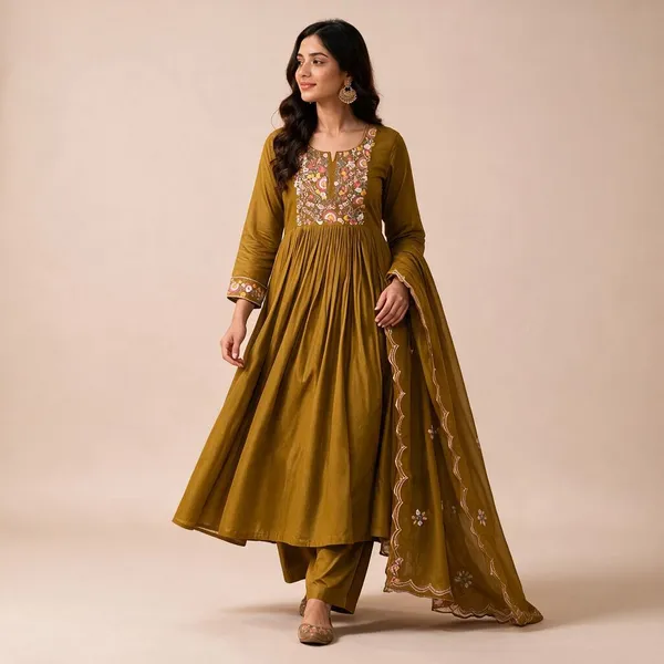 Mustard_Mul_Cotton_Flared_Embroidered_Anarkali_Kurta_Set_For_Women