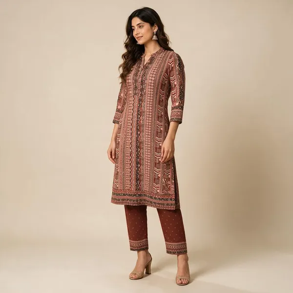 Brown_Masleen_Straight_Printed_Kurta_Pant_Set_For_Women
