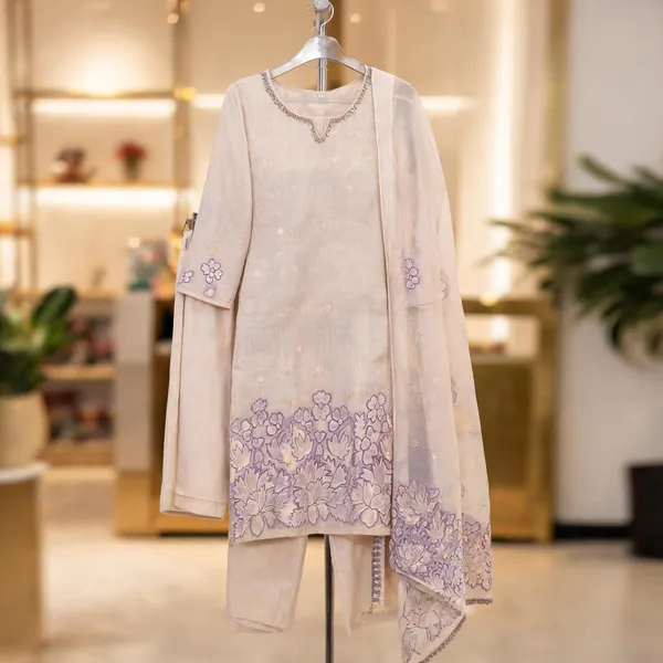Beige_Kota_Doria_Jamdani_Straight_Embroidered_Kurta_Set_For_Women