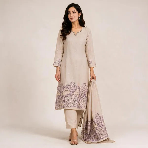 Beige_Kota_Doria_Jamdani_Straight_Embroidered_Kurta_Set_For_Women