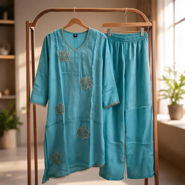 Turquoise_Chanderi_Silk_Straight_Embroidered_Kurta_Palazzo_Set_For_Women