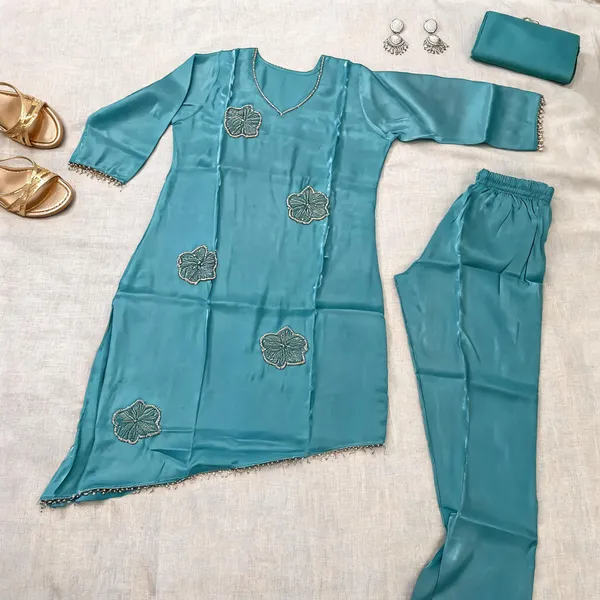 Turquoise_Chanderi_Silk_Straight_Embroidered_Kurta_Palazzo_Set_For_Women