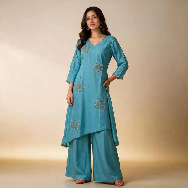 Turquoise_Chanderi_Silk_Straight_Embroidered_Kurta_Palazzo_Set_For_Women