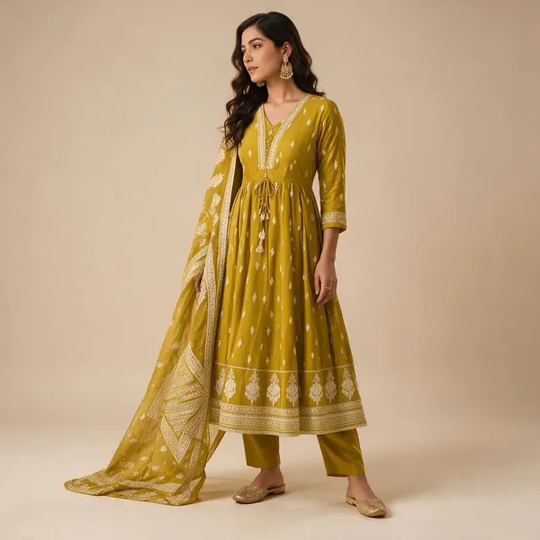 Mustard_Cotton_Flared_Printed_Anarkali_Suit_Set_For_Women