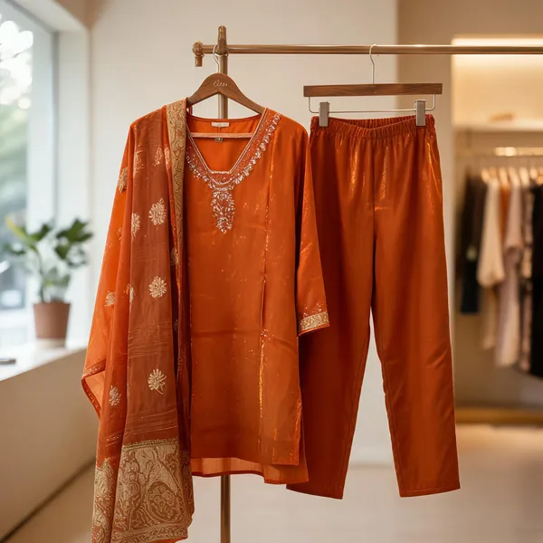 Orange_Roman_Glass_Silk_Straight_Embroidered_Kurta_Set_For_Women