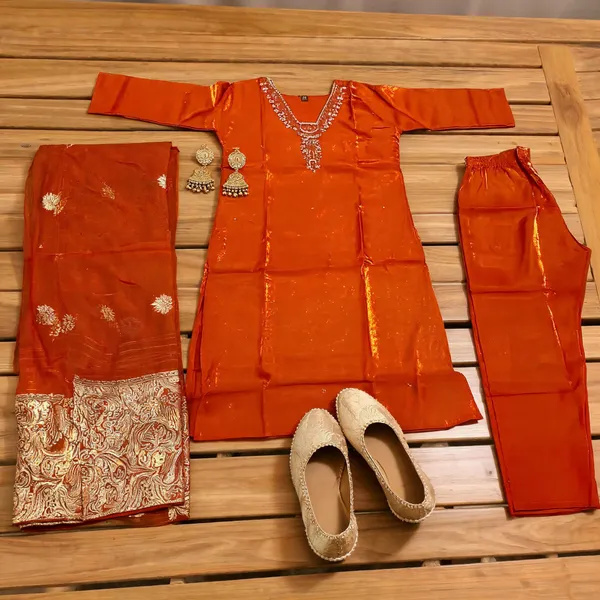 Orange_Roman_Glass_Silk_Straight_Embroidered_Kurta_Set_For_Women