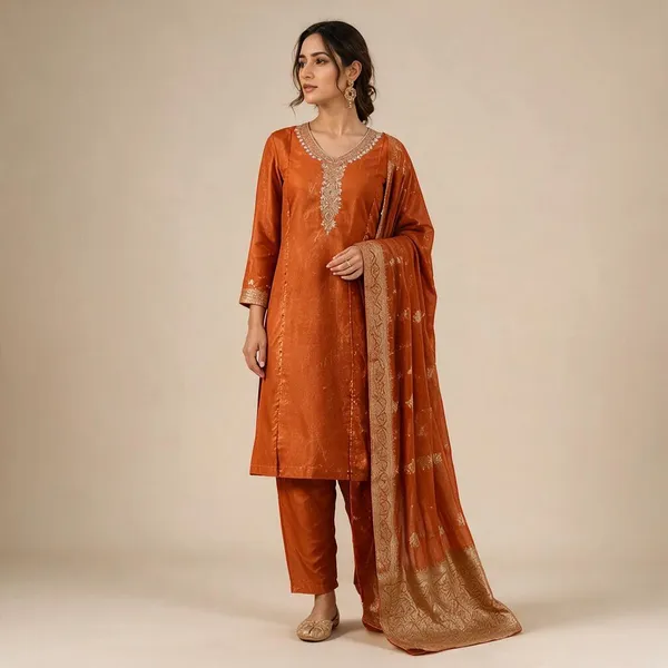 Orange_Roman_Glass_Silk_Straight_Embroidered_Kurta_Set_For_Women