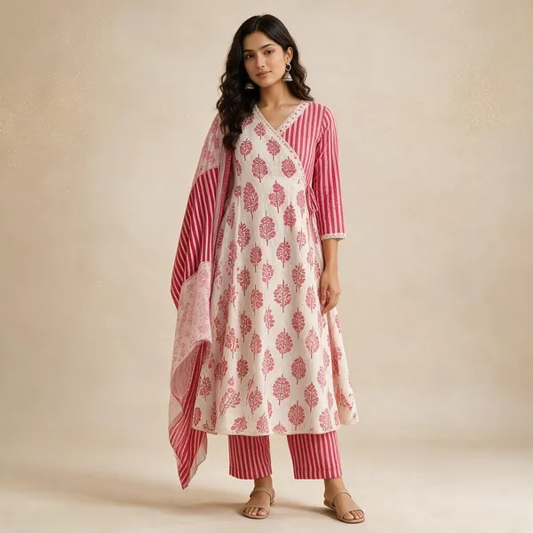 Pink_Cotton_Flared_Printed_Anarkali_Kurta_Set_For_Women