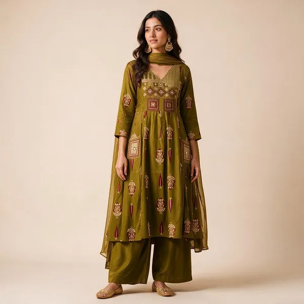 Olive_Cotton_Flared_Printed_Anarkali_Suit_Set_For_Women