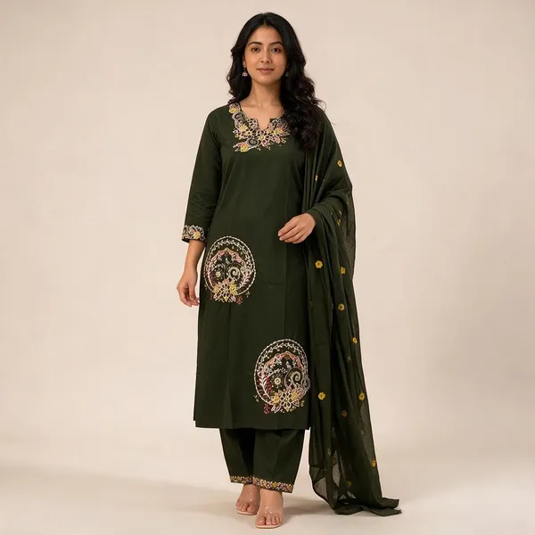 Dark_Green_Cotton_Straight_Embroidered_Kurta_Set_For_Women