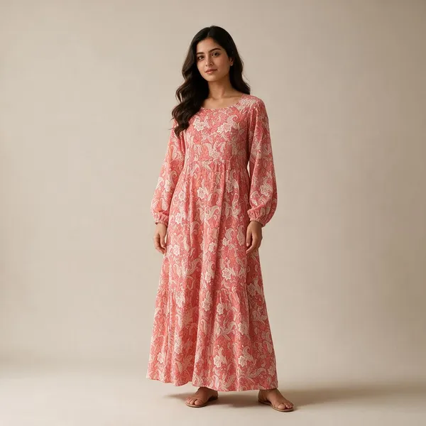 Coral_Cotton_Flared_Printed_Long_Sleeve_Maxi_Dress_For_Women