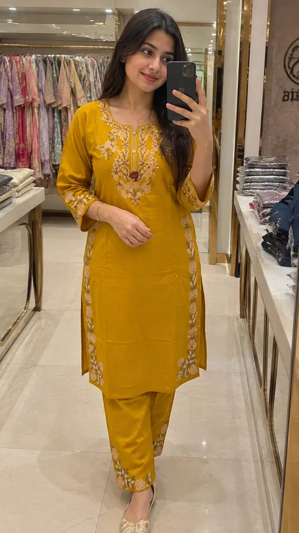 Mustard_Embroidered_Straight_Kurta_Set_For_Women
