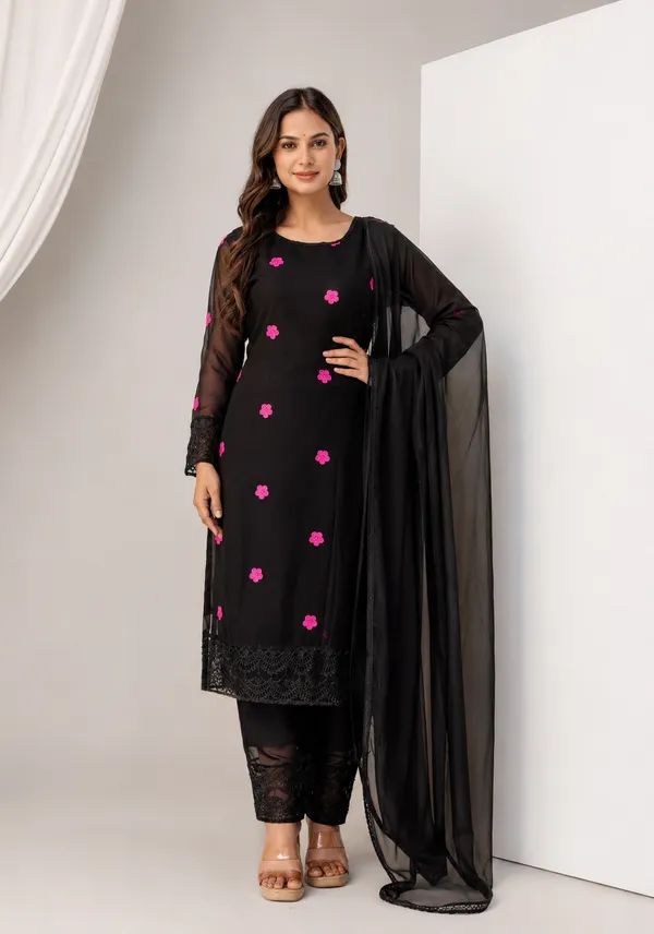 Black_Faux_Georgette_V-Neck_Kurti_Palazzo_Dupatta_Set_For_Women