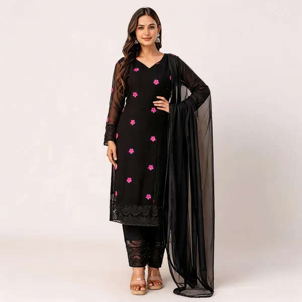 Black_Faux_Georgette_V-Neck_Kurti_Palazzo_Dupatta_Set_For_Women