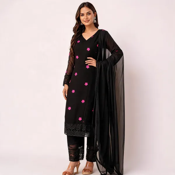 Black_Faux_Georgette_V-Neck_Kurti_Palazzo_Dupatta_Set_For_Women