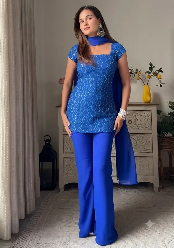 Blue_Faux_Georgette_V-Neck_Kurti_Palazzo_Dupatta_Set_For_Women