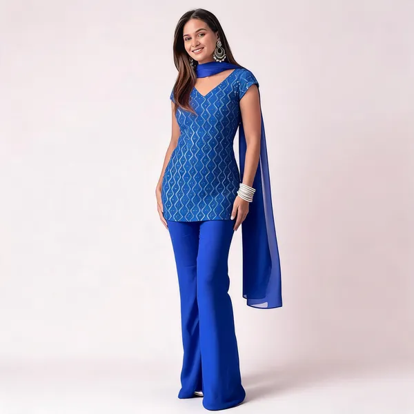 Blue_Faux_Georgette_V-Neck_Kurti_Palazzo_Dupatta_Set_For_Women