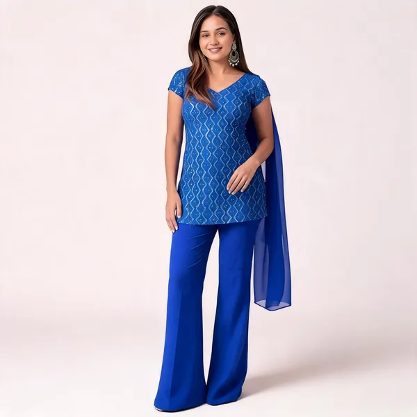 Blue_Faux_Georgette_V-Neck_Kurti_Palazzo_Dupatta_Set_For_Women
