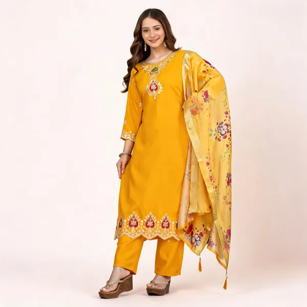 Yellow_Chanderi_Pure_Tabby_Silk_Printed_Dupatta_Embroidered_Chanderi_Kurti_Pant_Dupatta_Set_For_Women