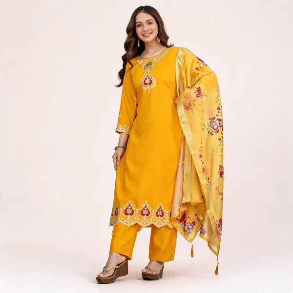 Yellow_Chanderi_Pure_Tabby_Silk_Printed_Dupatta_Embroidered_Chanderi_Kurti_Pant_Dupatta_Set_For_Women
