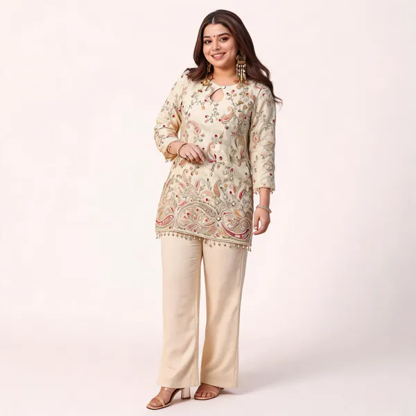 Beige_Heavy_Crepe_Silk_Embroidered_Kurti_Pant_Set_For_Women
