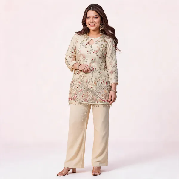 Beige_Heavy_Crepe_Silk_Embroidered_Kurti_Pant_Set_For_Women