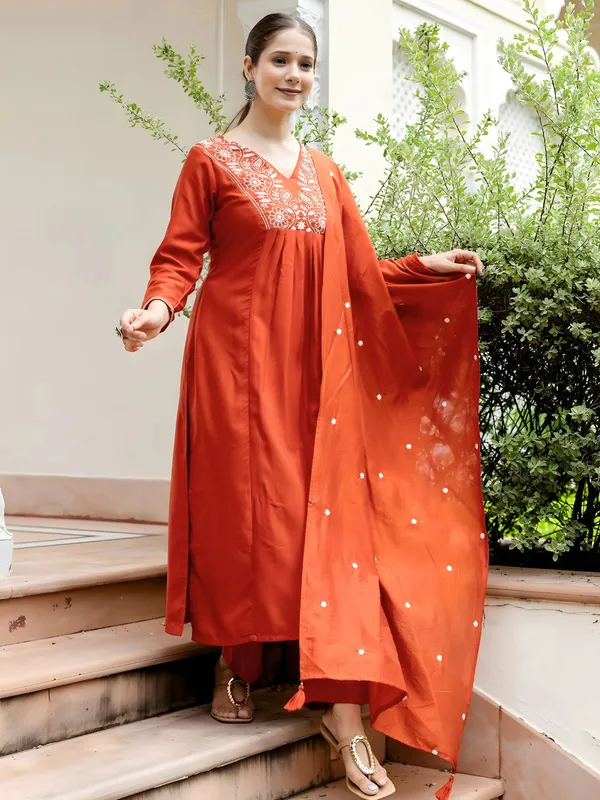 Orange_Viscose_Rayon_Embroidered_Kurta_Set_With_Palazzo_Pants_And_Dupatta_For_Women