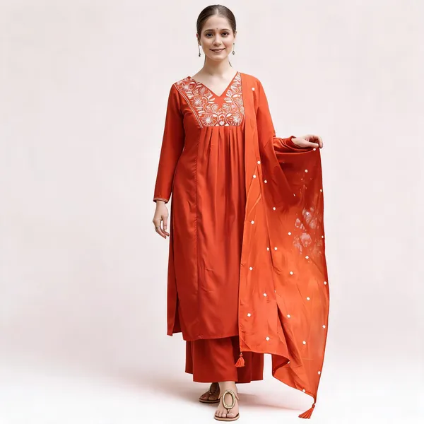 Orange_Viscose_Rayon_Embroidered_Kurta_Set_With_Palazzo_Pants_And_Dupatta_For_Women
