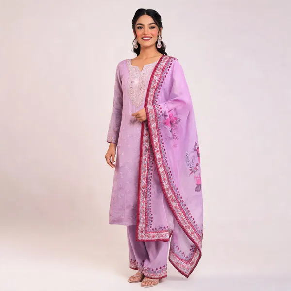 Pink_And_Purple_Viscose_Rayon_Chanderi_Dupatta_Embroidered_Kurti_Pant_Dupatta_Set_For_Women