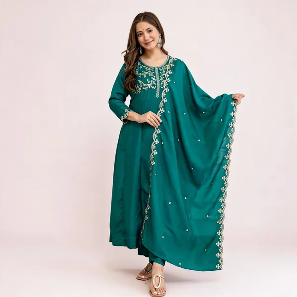 Green_Vichitra_Silk_Embroidered_Kurti_Pant_Dupatta_Set_For_Women