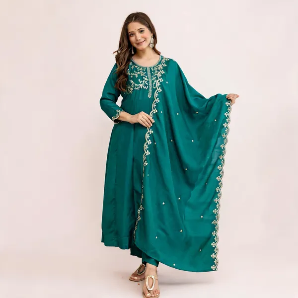Green_Vichitra_Silk_Embroidered_Kurti_Pant_Dupatta_Set_For_Women