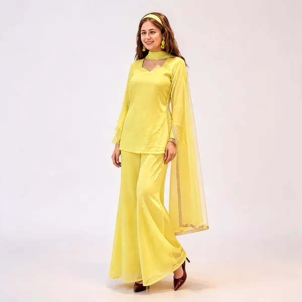 Yellow_Faux_Georgette_V-Neck_Kurti_Palazzo_Dupatta_Set_For_Women
