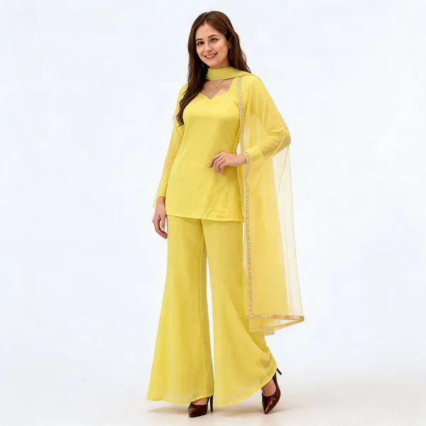 Yellow_Faux_Georgette_V-Neck_Kurti_Palazzo_Dupatta_Set_For_Women